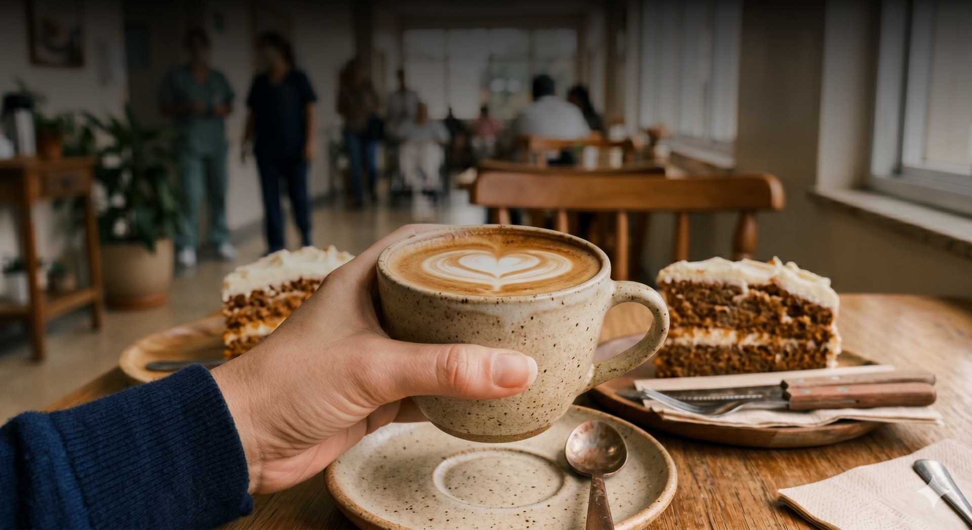 Capuccino com arte em coração ao lado de fatias de bolo no ambiente do hospital